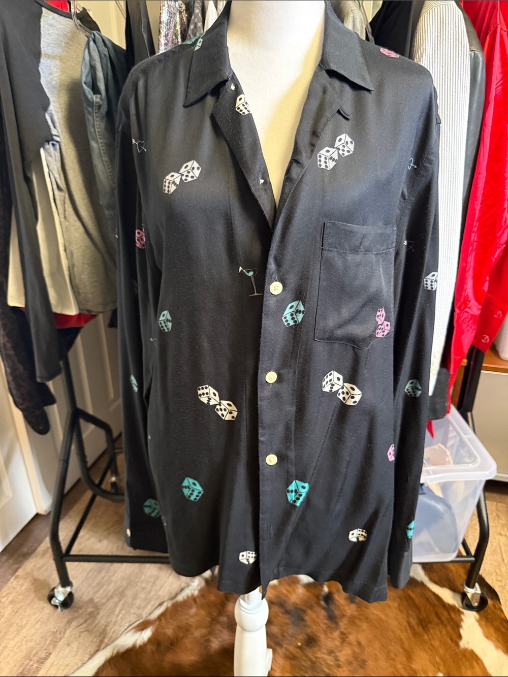 All Saints Black Button-Up Shirt with martini heart & dice Vegas print